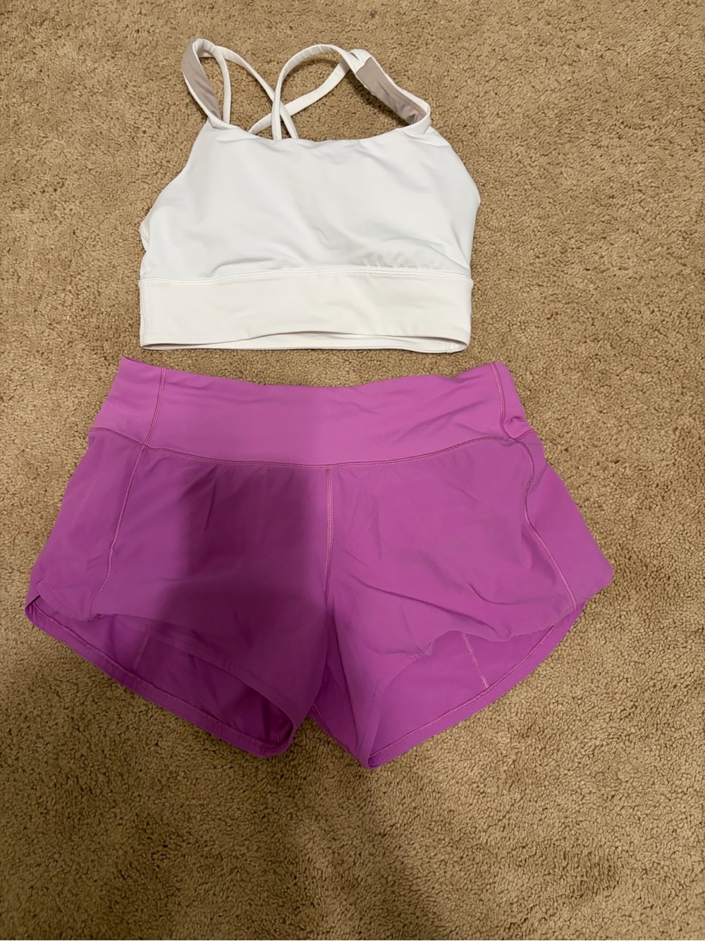 lululemon athletica White Sports Bra with Purple Athletic Shorts
